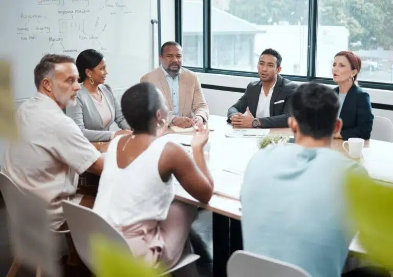 A leadership group during an executive team coaching session using the Team Momentum Diagnostic to build trust.